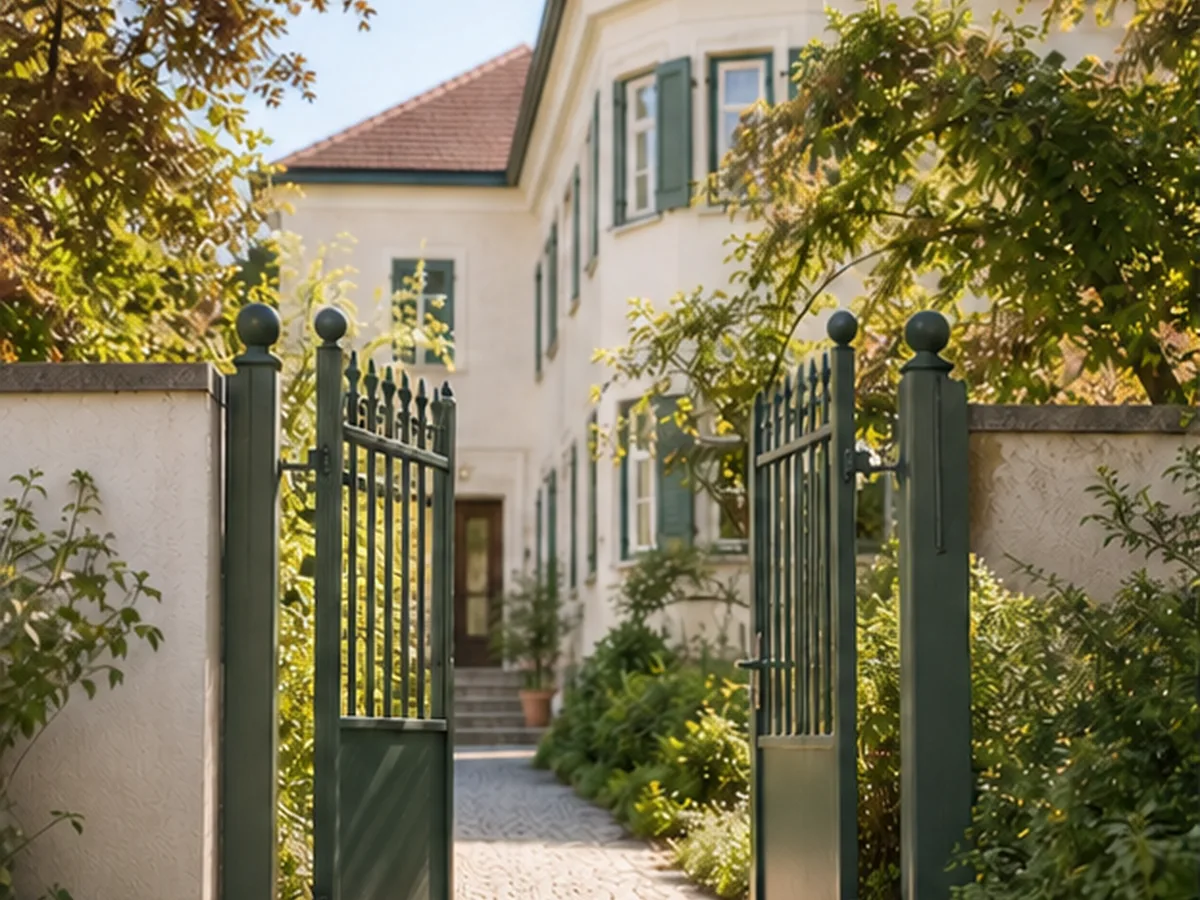 Gepflegtes österreichisches Haus mit offener Gartenpforte