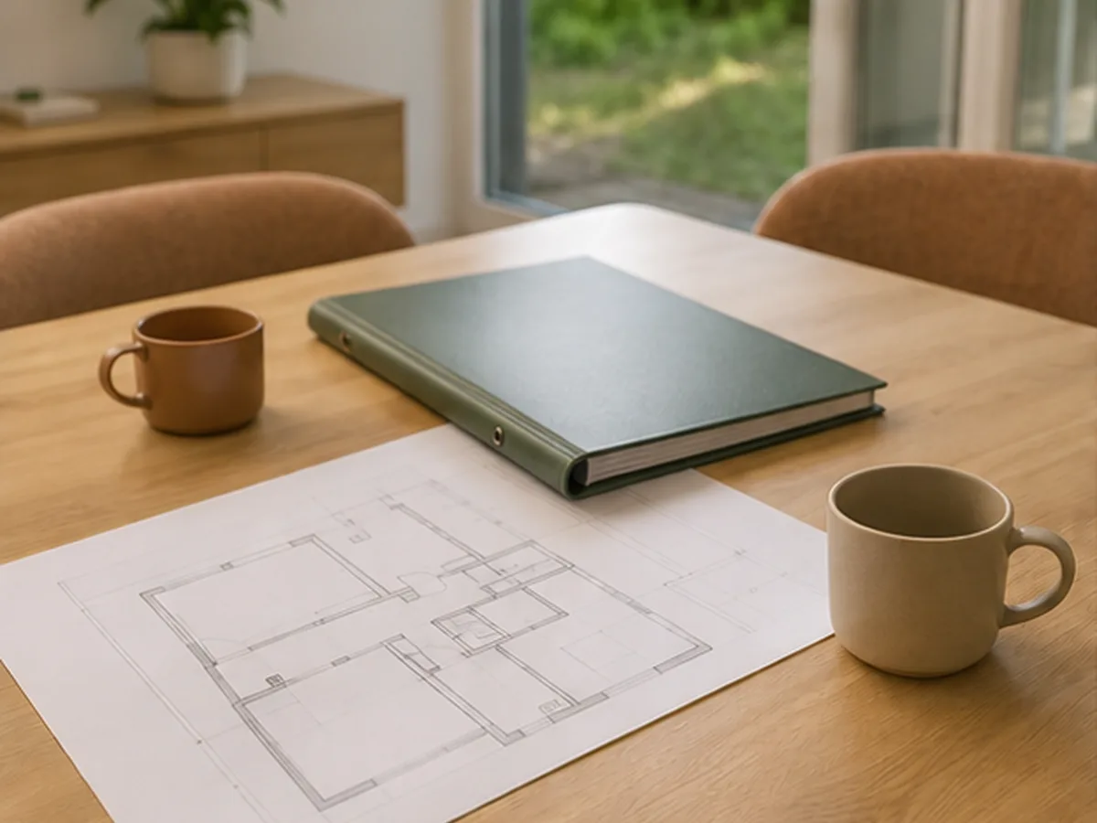 Hausgrundriss und Dokumentenmappe auf einem Tisch