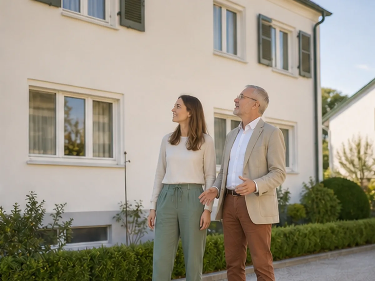 Zwei Generationen betrachten gemeinsam ein Wohnhaus